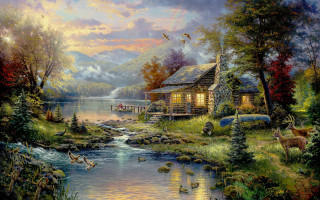 Cabin river animals birds dock - edward lamson henry free wallpaper