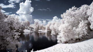 Lake trees snow clouds bridge 2 - a bridge in the distance free wallpaper