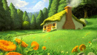 House field flowers trees stream 2 - the background and a stream free wallpaper