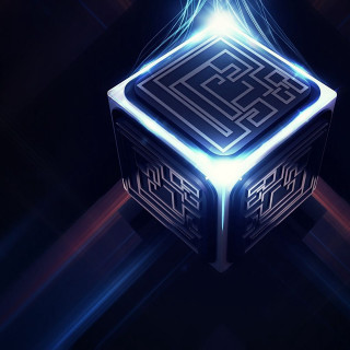 Stylized cube glowing light blue - eden box free wallpaper for tablet