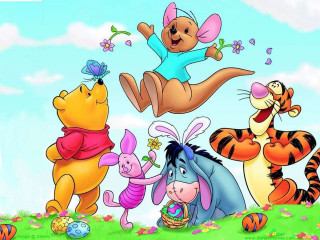 Pooh bear butterfly cloud field - a cartoon scene free wallpaper