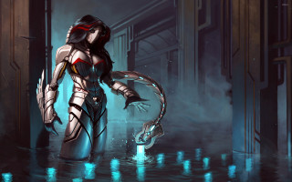 Futuristic woman suit sword dark - a dark hallway free wallpaper