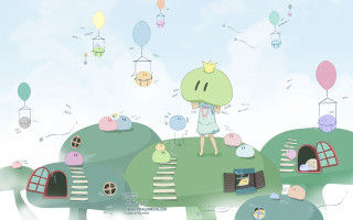 Cartoon girl hill balloons flying - a bunch of balloons free wallpaper
