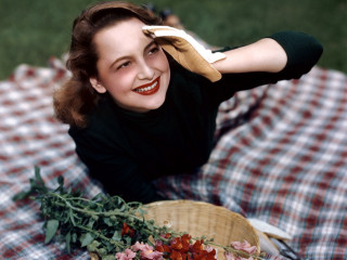 Woman blanket basket flowers book - doris blair free wallpaper