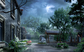 Rainy day neighborhood gazebo trees - rainy free wallpaper