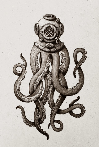 Octopus diving helmet tentacles neck - a charcoal drawing free wallpaper for mobile