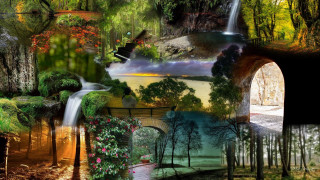 Waterfall bridge forest colorful nature - all free wallpaper