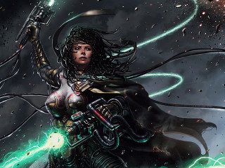 Woman sword lightning bolt action - star and dust free wallpaper