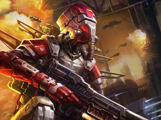 Futuristic man suit gun explosion - conceptart free wallpaper for desktop