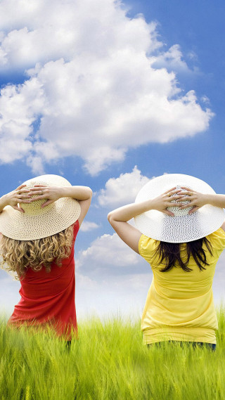 Women hats field sky butterfly - blue sky free wallpaper for mobile