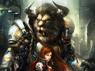 Woman lion city giant robot - biopunk free wallpaper