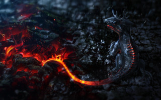 Dragon sitting rock rain flames - its tail free wallpaper