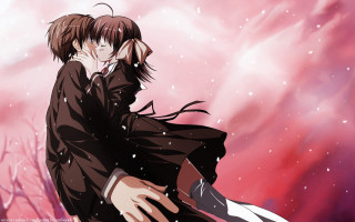 Man woman hugging snow trees - anime free wallpaper
