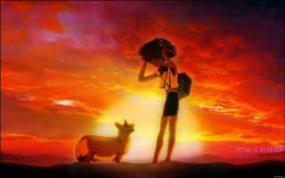 Woman dog sunset sky clouds - ghibli free wallpaper