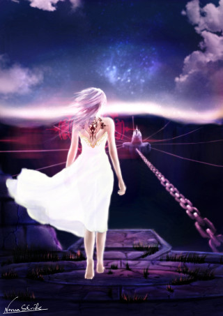 Woman white dress bridge sky - above her free wallpaper for mobile