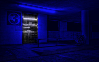 Dark room blue light bench - brutalism free wallpaper