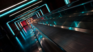 Long escalator red door blue - neon free wallpaper for desktop