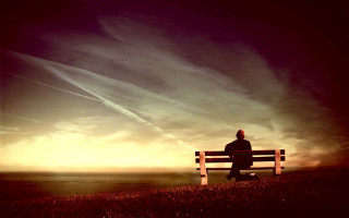 Person bench ocean sunset sunrise - a plane in the sky free wallpaper