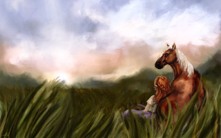 Horse woman field grass sky - storybook illustration free wallpaper for desktop