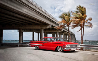 Red car parked bridge palm - the side of a road next free wallpaper