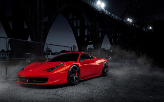 Red sports car parked bridge - fog free wallpaper