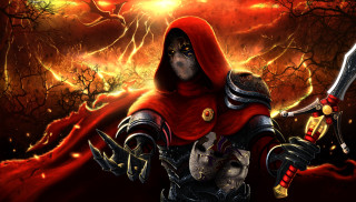 Man red hooded sword skull - a lightning background free wallpaper
