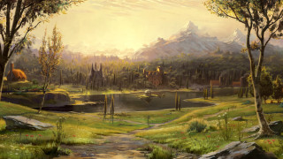 Mountain lake trees grass background - a lake in the foreground free wallpaper