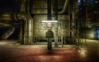 Industrial building pipes clock nighttime 2 - industrial free wallpaper