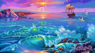Boat ocean bird flying water - kinkade free wallpaper for desktop