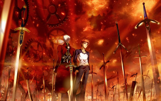 Anime characters red background clock - a clock tower in the background free wallpaper