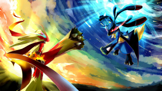 Cartoon characters fighting colorful sky - epic composition free wallpaper