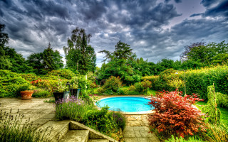 Pool garden lush green cloudy - hdr free wallpaper