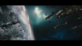 Floating ships near planet clouds - a planet free wallpaper