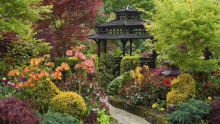 Garden gazebo flowers trees background - vivid free wallpaper