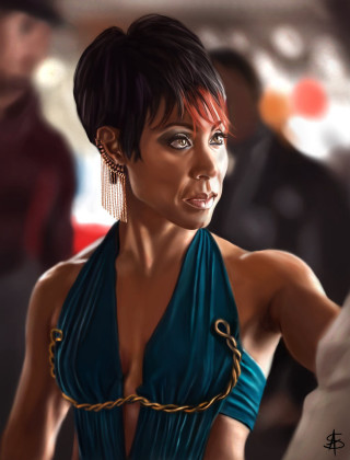 Woman blue dress gold chain - free 3d render wallpaper for mobile