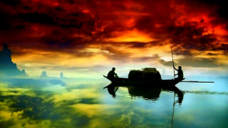Man boat lake red sky - a red sky in the background free wallpaper