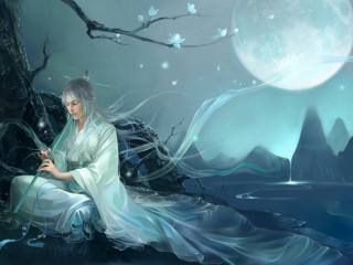 Woman sitting rock water moon - arthur pan free wallpaper for desktop