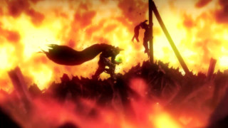 Man fire sky sword woman - top of a hill free wallpaper