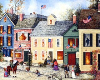 Town people dog street building - thomas kindkade free wallpaper