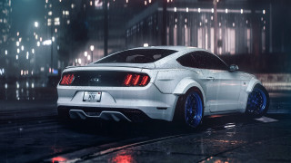 White mustang city night lights - realistic lighting free wallpaper