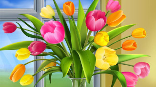 Vase colorful flowers window sill - a window sill free wallpaper