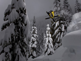Snowboarder jumping snowy hill woods - a snowboard free wallpaper