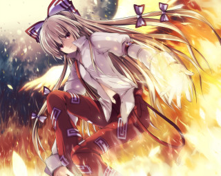 Anime girl flying fire wings - red pants free wallpaper