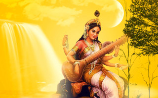 Woman playing sitar waterfall yellow - bengal school of art free wallpaper