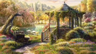 Gazebo garden flowers trees painting - a lake in the background free wallpaper for desktop