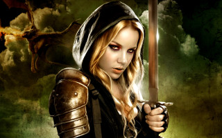 Woman hooded outfit sword dragon - epic fantasy character art free wallpaper