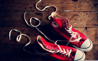 Red converse sneakers wooden floor 2 - a string free wallpaper
