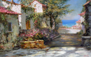 Street bench flowers water distance - constantine andreou free wallpaper