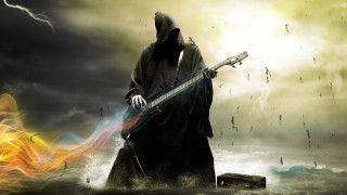 Man hooded robe guitar storm 2 - dark art free wallpaper