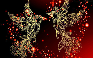Golden birds intricate red background - alison kinnaird free wallpaper for desktop